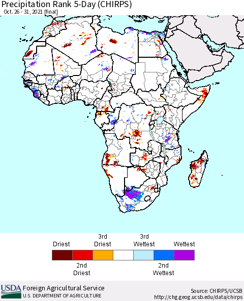 Africa Precipitation Rank 5-Day (CHIRPS) Thematic Map For 10/26/2021 - 10/31/2021