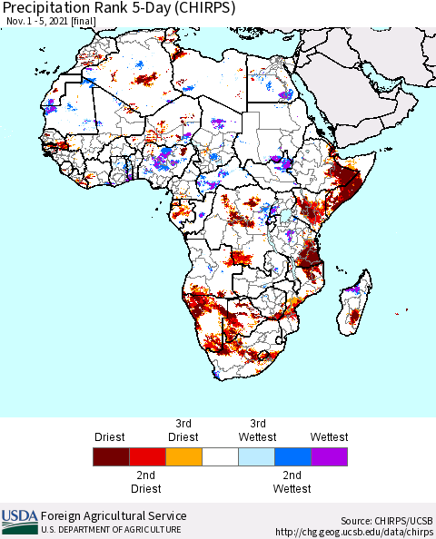 Africa Precipitation Rank 5-Day (CHIRPS) Thematic Map For 11/1/2021 - 11/5/2021