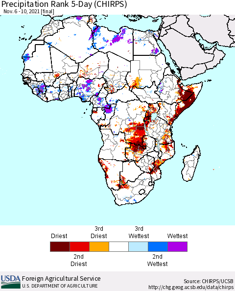 Africa Precipitation Rank since 1981, 5-Day (CHIRPS) Thematic Map For 11/6/2021 - 11/10/2021