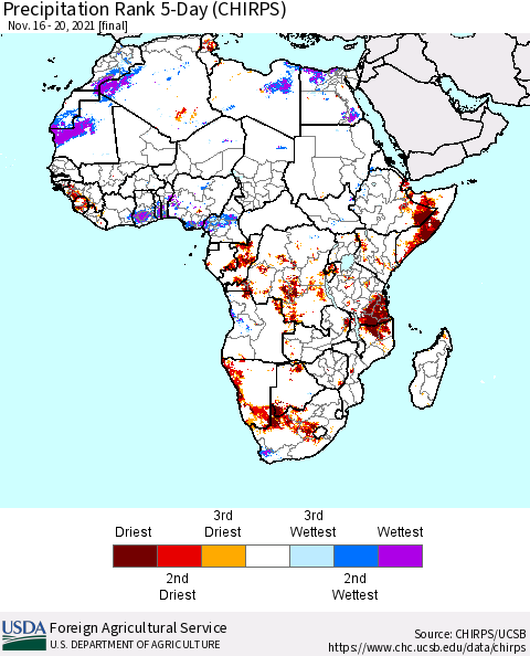 Africa Precipitation Rank 5-Day (CHIRPS) Thematic Map For 11/16/2021 - 11/20/2021