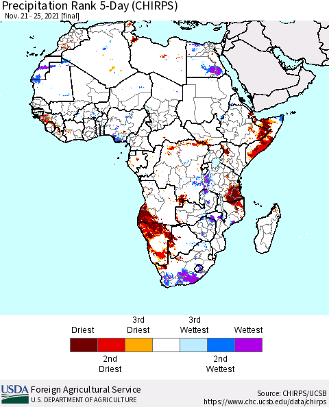 Africa Precipitation Rank 5-Day (CHIRPS) Thematic Map For 11/21/2021 - 11/25/2021
