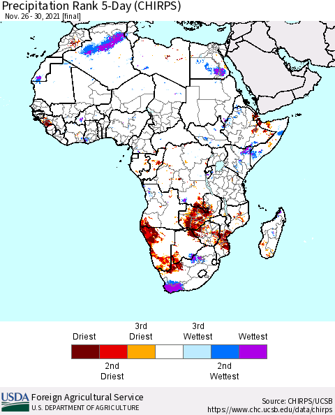 Africa Precipitation Rank 5-Day (CHIRPS) Thematic Map For 11/26/2021 - 11/30/2021