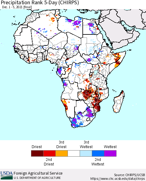 Africa Precipitation Rank 5-Day (CHIRPS) Thematic Map For 12/1/2021 - 12/5/2021