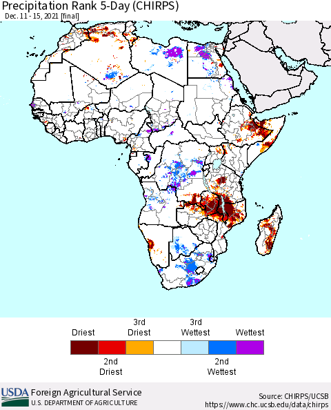 Africa Precipitation Rank since 1981, 5-Day (CHIRPS) Thematic Map For 12/11/2021 - 12/15/2021