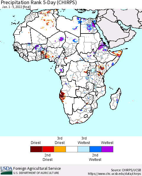 Africa Precipitation Rank 5-Day (CHIRPS) Thematic Map For 1/1/2022 - 1/5/2022
