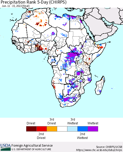 Africa Precipitation Rank 5-Day (CHIRPS) Thematic Map For 1/11/2022 - 1/15/2022