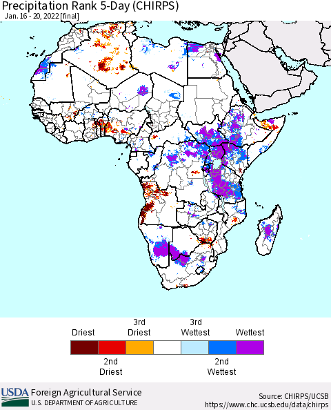 Africa Precipitation Rank since 1981, 5-Day (CHIRPS) Thematic Map For 1/16/2022 - 1/20/2022