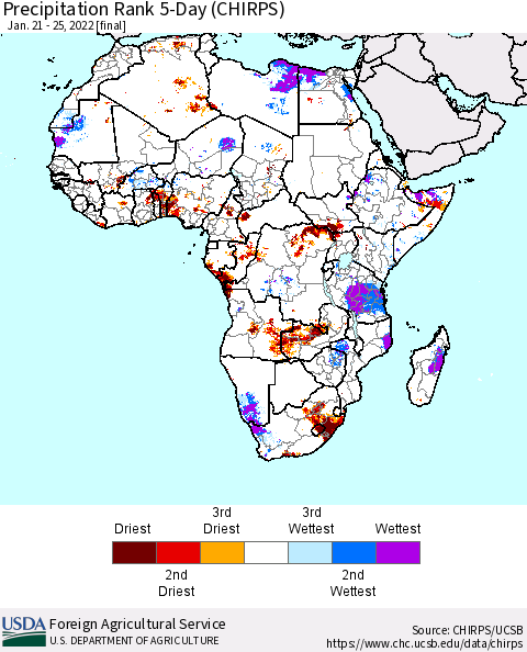Africa Precipitation Rank 5-Day (CHIRPS) Thematic Map For 1/21/2022 - 1/25/2022