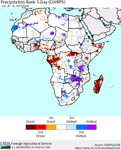 Africa Precipitation Rank 5-Day (CHIRPS) Thematic Map For 1/26/2022 - 1/31/2022