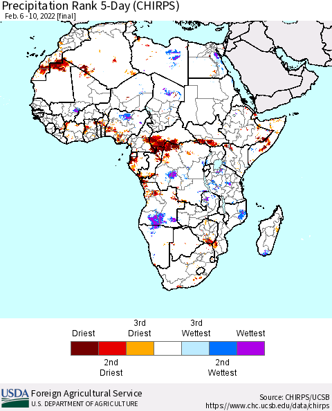Africa Precipitation Rank 5-Day (CHIRPS) Thematic Map For 2/6/2022 - 2/10/2022