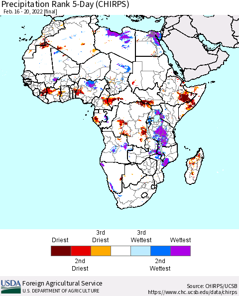 Africa Precipitation Rank 5-Day (CHIRPS) Thematic Map For 2/16/2022 - 2/20/2022