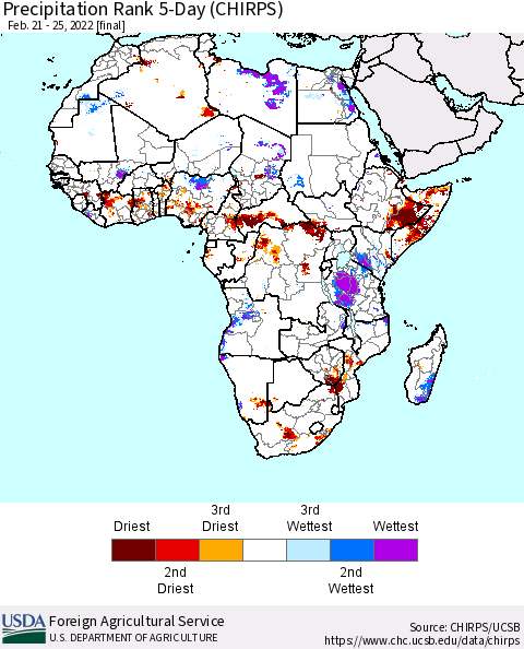 Africa Precipitation Rank since 1981, 5-Day (CHIRPS) Thematic Map For 2/21/2022 - 2/25/2022
