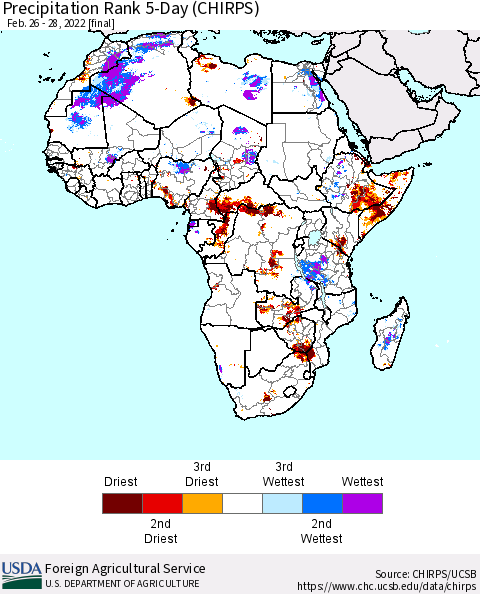 Africa Precipitation Rank 5-Day (CHIRPS) Thematic Map For 2/26/2022 - 2/28/2022