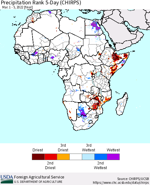 Africa Precipitation Rank 5-Day (CHIRPS) Thematic Map For 3/1/2022 - 3/5/2022