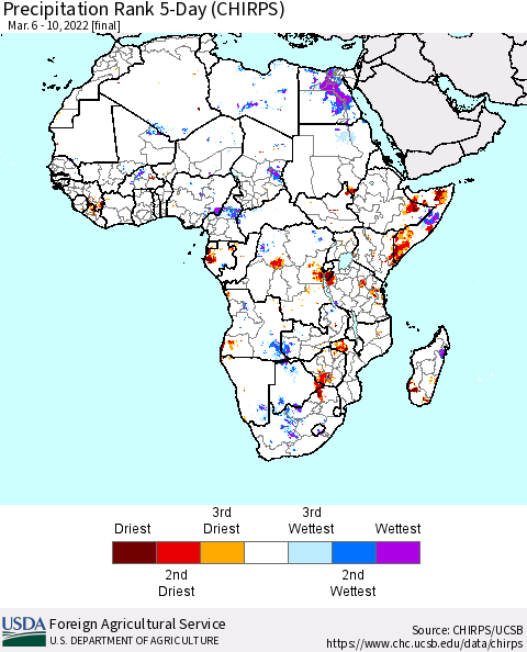 Africa Precipitation Rank 5-Day (CHIRPS) Thematic Map For 3/6/2022 - 3/10/2022