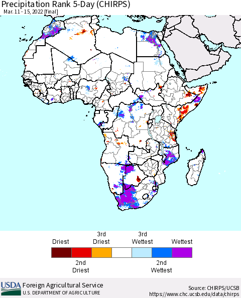 Africa Precipitation Rank 5-Day (CHIRPS) Thematic Map For 3/11/2022 - 3/15/2022