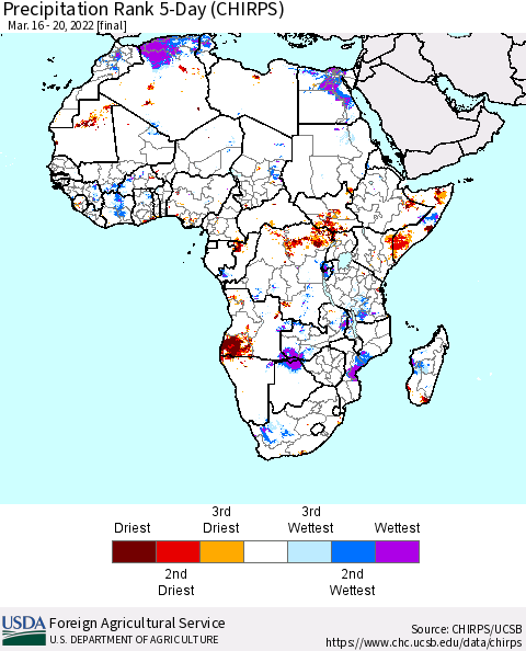 Africa Precipitation Rank since 1981, 5-Day (CHIRPS) Thematic Map For 3/16/2022 - 3/20/2022