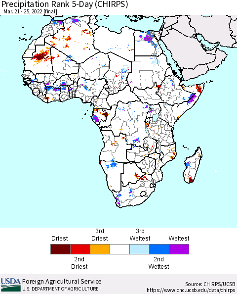 Africa Precipitation Rank 5-Day (CHIRPS) Thematic Map For 3/21/2022 - 3/25/2022