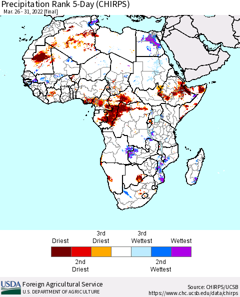 Africa Precipitation Rank since 1981, 5-Day (CHIRPS) Thematic Map For 3/26/2022 - 3/31/2022