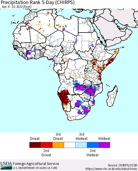 Africa Precipitation Rank 5-Day (CHIRPS) Thematic Map For 4/6/2022 - 4/10/2022