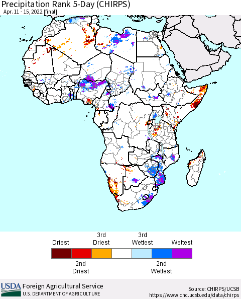 Africa Precipitation Rank since 1981, 5-Day (CHIRPS) Thematic Map For 4/11/2022 - 4/15/2022
