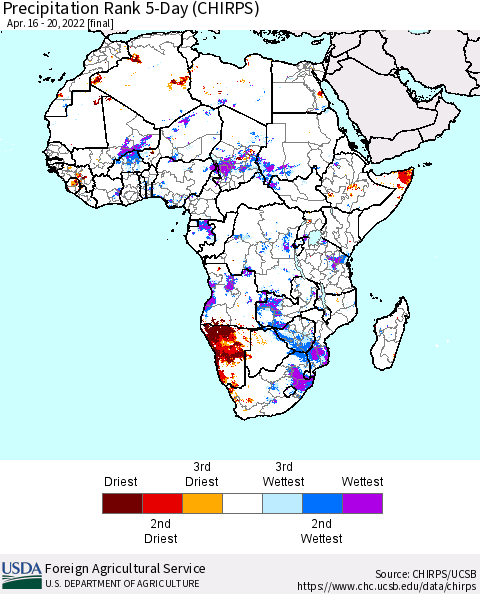 Africa Precipitation Rank 5-Day (CHIRPS) Thematic Map For 4/16/2022 - 4/20/2022