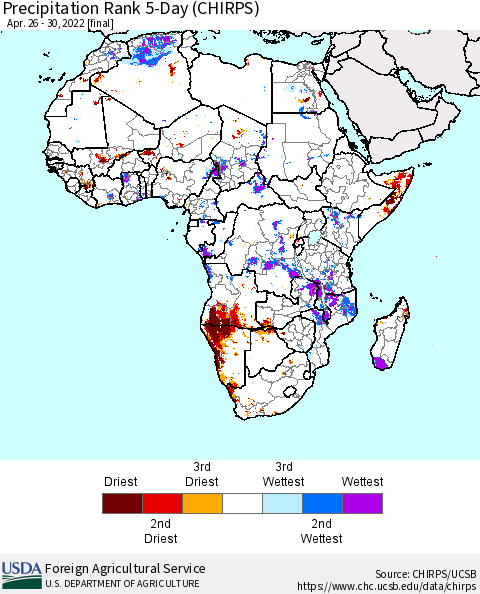 Africa Precipitation Rank since 1981, 5-Day (CHIRPS) Thematic Map For 4/26/2022 - 4/30/2022