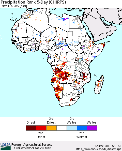Africa Precipitation Rank 5-Day (CHIRPS) Thematic Map For 5/1/2022 - 5/5/2022