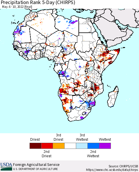 Africa Precipitation Rank since 1981, 5-Day (CHIRPS) Thematic Map For 5/6/2022 - 5/10/2022