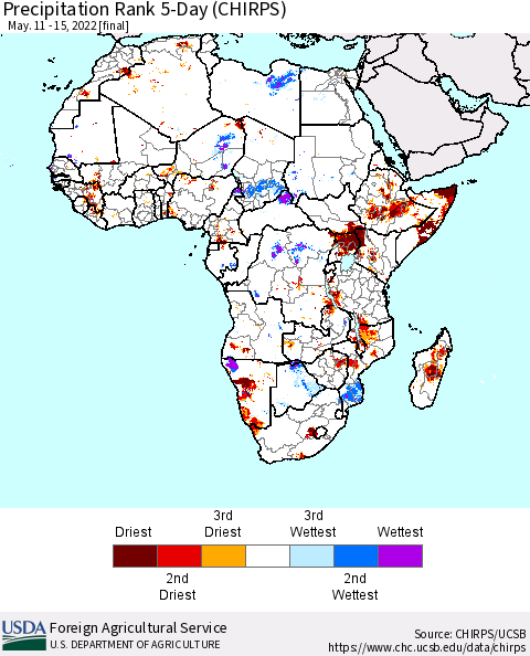 Africa Precipitation Rank 5-Day (CHIRPS) Thematic Map For 5/11/2022 - 5/15/2022