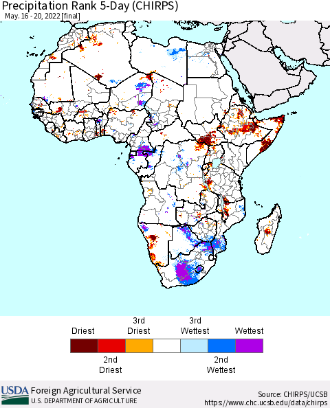 Africa Precipitation Rank 5-Day (CHIRPS) Thematic Map For 5/16/2022 - 5/20/2022