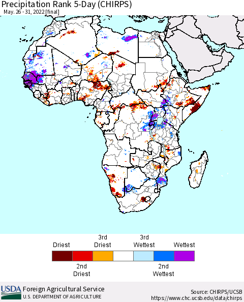 Africa Precipitation Rank since 1981, 5-Day (CHIRPS) Thematic Map For 5/26/2022 - 5/31/2022