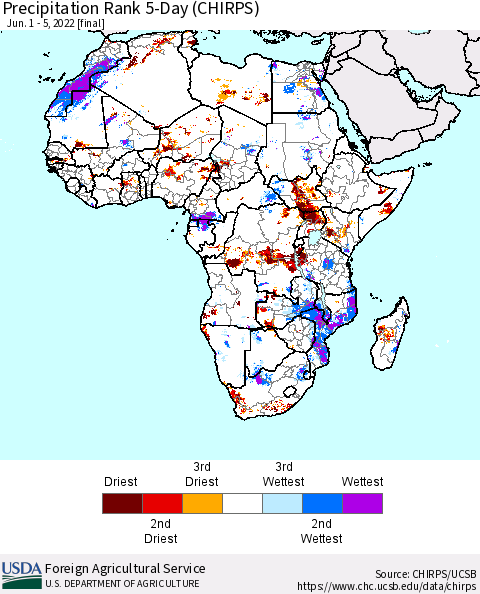 Africa Precipitation Rank 5-Day (CHIRPS) Thematic Map For 6/1/2022 - 6/5/2022