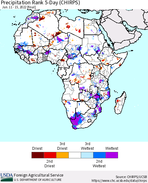 Africa Precipitation Rank 5-Day (CHIRPS) Thematic Map For 6/11/2022 - 6/15/2022