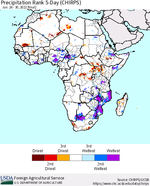 Africa Precipitation Rank 5-Day (CHIRPS) Thematic Map For 6/26/2022 - 6/30/2022