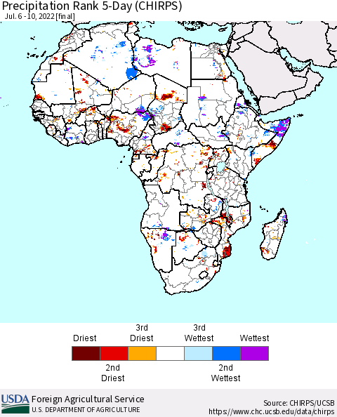 Africa Precipitation Rank since 1981, 5-Day (CHIRPS) Thematic Map For 7/6/2022 - 7/10/2022