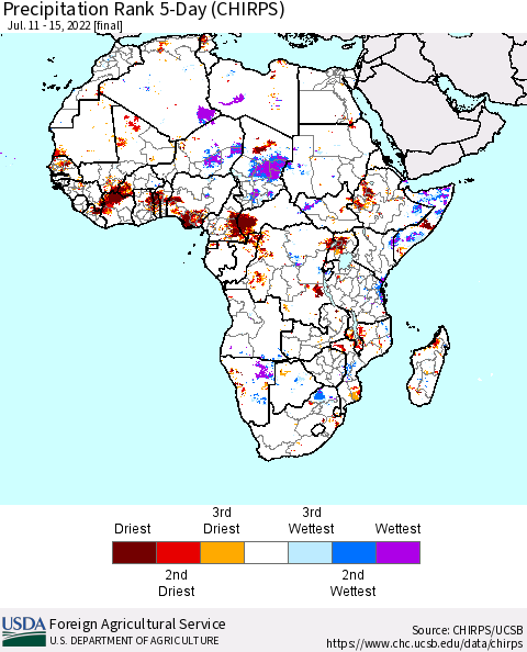 Africa Precipitation Rank since 1981, 5-Day (CHIRPS) Thematic Map For 7/11/2022 - 7/15/2022