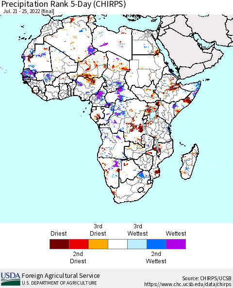 Africa Precipitation Rank 5-Day (CHIRPS) Thematic Map For 7/21/2022 - 7/25/2022