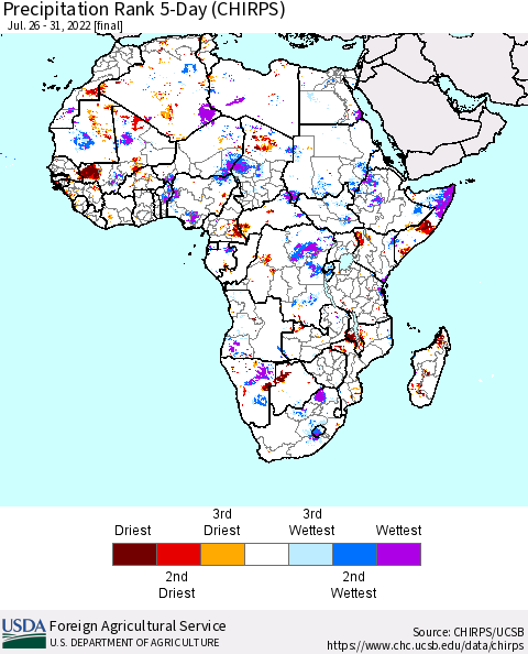 Africa Precipitation Rank 5-Day (CHIRPS) Thematic Map For 7/26/2022 - 7/31/2022