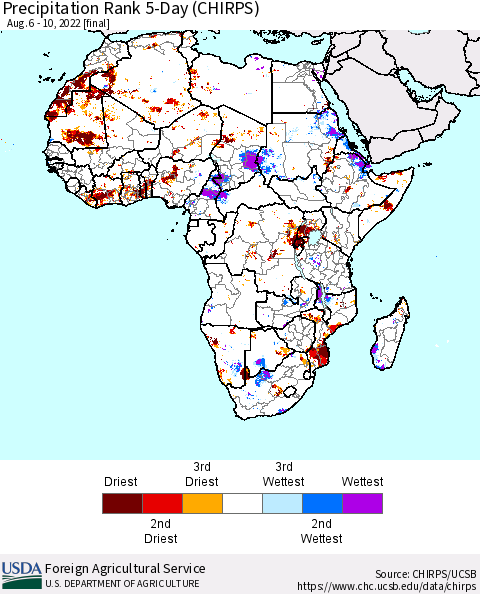 Africa Precipitation Rank since 1981, 5-Day (CHIRPS) Thematic Map For 8/6/2022 - 8/10/2022