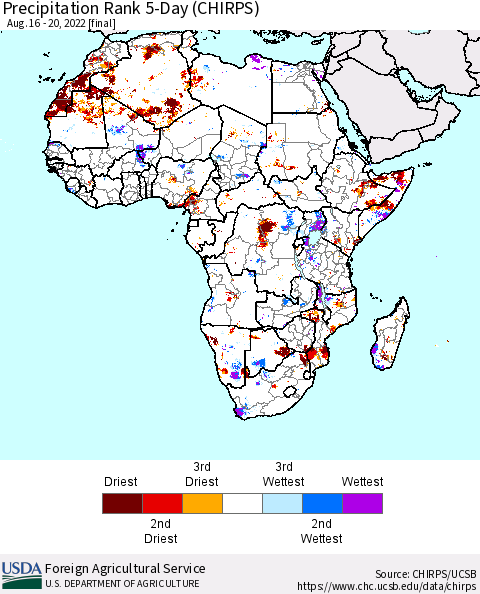Africa Precipitation Rank since 1981, 5-Day (CHIRPS) Thematic Map For 8/16/2022 - 8/20/2022