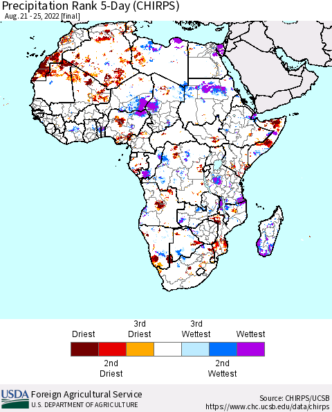 Africa Precipitation Rank 5-Day (CHIRPS) Thematic Map For 8/21/2022 - 8/25/2022