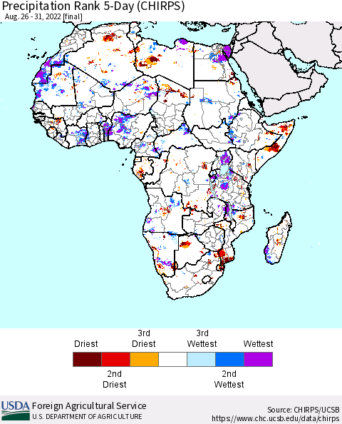 Africa Precipitation Rank 5-Day (CHIRPS) Thematic Map For 8/26/2022 - 8/31/2022
