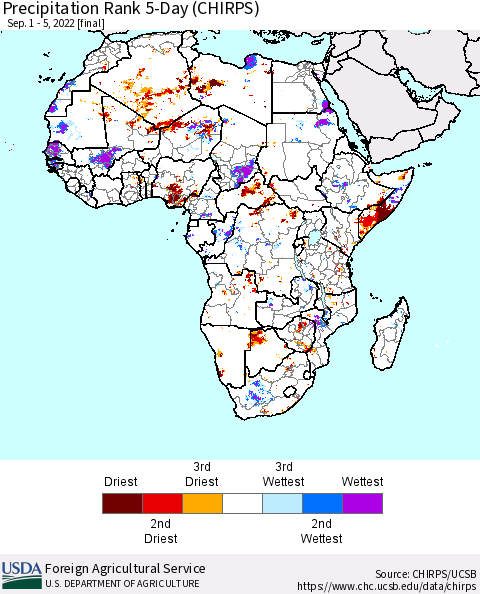 Africa Precipitation Rank 5-Day (CHIRPS) Thematic Map For 9/1/2022 - 9/5/2022
