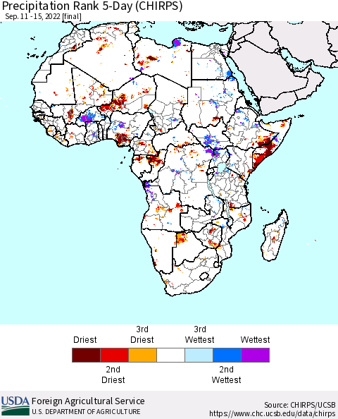 Africa Precipitation Rank 5-Day (CHIRPS) Thematic Map For 9/11/2022 - 9/15/2022