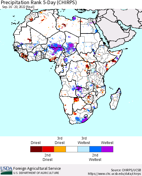 Africa Precipitation Rank since 1981, 5-Day (CHIRPS) Thematic Map For 9/16/2022 - 9/20/2022
