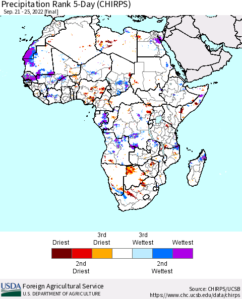 Africa Precipitation Rank 5-Day (CHIRPS) Thematic Map For 9/21/2022 - 9/25/2022