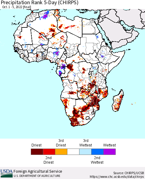 Africa Precipitation Rank since 1981, 5-Day (CHIRPS) Thematic Map For 10/1/2022 - 10/5/2022