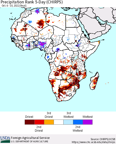 Africa Precipitation Rank 5-Day (CHIRPS) Thematic Map For 10/6/2022 - 10/10/2022