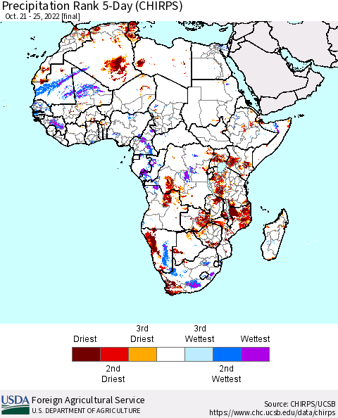 Africa Precipitation Rank 5-Day (CHIRPS) Thematic Map For 10/21/2022 - 10/25/2022